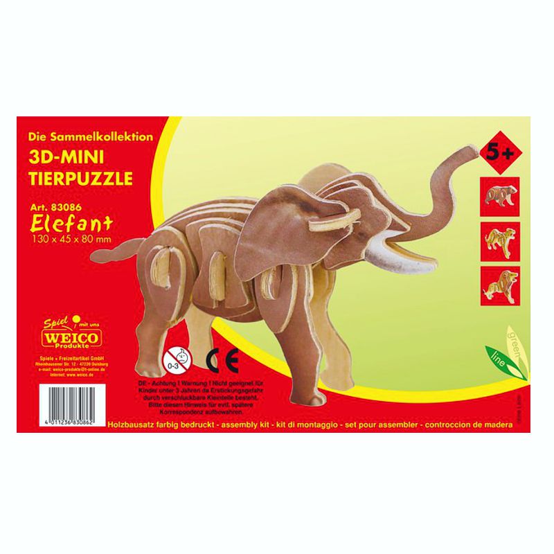 Holzbausatz 3D-Puzzle Elefant, bunt bedruckt