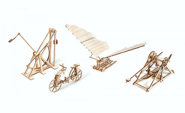 Holzbausatz, Modellbausatz mit vier Maschinen nach Leonardo Da Vinci, 4er Set, lasercut vorgefertigt